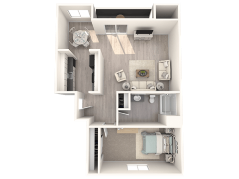 Floor plan for 1 bed, 1 bath, 743 sqft